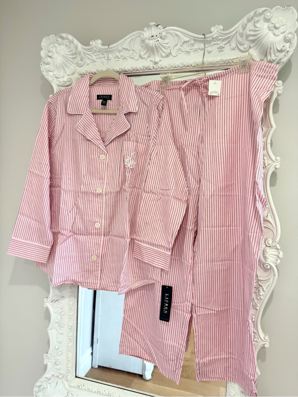 $72 BNWT Ralph Lauren Pink & White Monogram Logo Striped Pajama Set Top & Pants - Picture 3 of 7